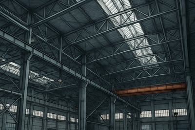 Ilustración de techos y estructuras metálicas en un entorno industrial moderno Ilustración de techos y estructuras metálicas en un entorno industrial moderno